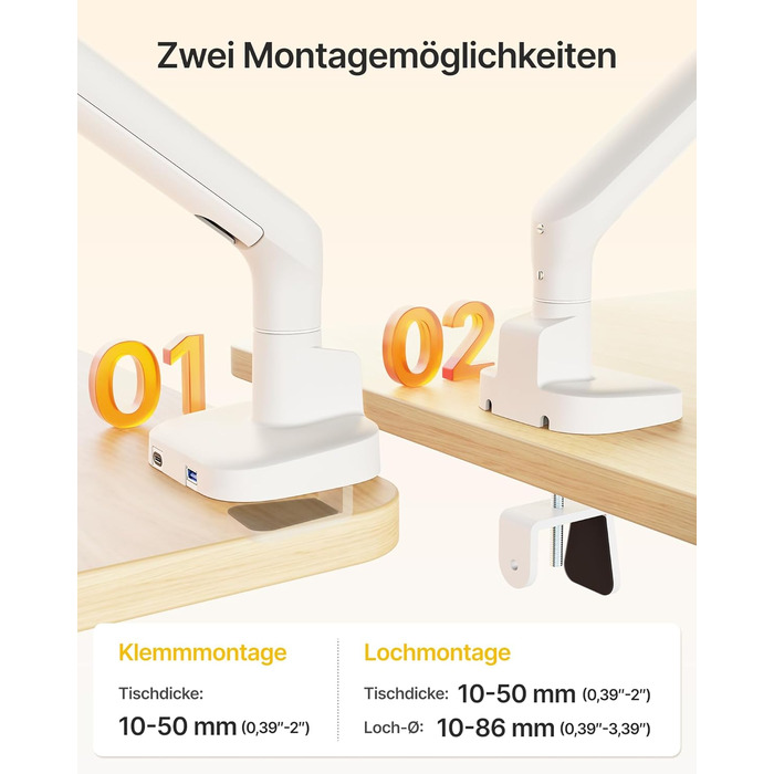 Кронштейн для монітора monTEK для екранів 17-40 дюймів, білий, настільний підвіс до 12 кг, поворотний 360°, регулювання висоти та нахилу, VESA 75/100, з USB-портами (набір 2 шт.)