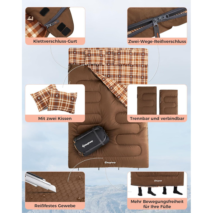 Спальний мішок KingCamp для 2 осіб з фланелі, зимовий, теплий, 3-4 сезони, з 2 подушками, для кемпінгу, подорожей та активного відпочинку на природі