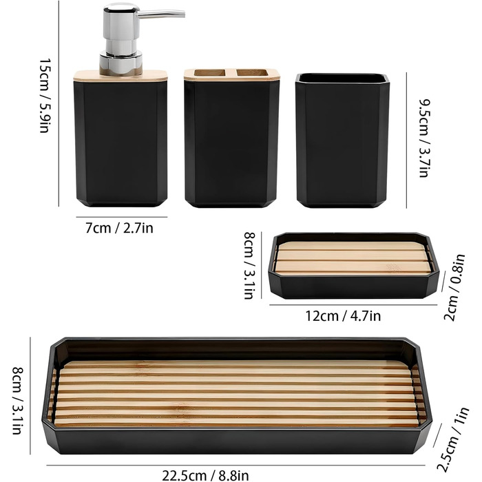 Набір аксесуарів для ванної кімнати Volumoon 5 шт. з бамбука: миловарка, стаканчик для зубної щітки, миловарка, мильниця, чорний. Декоративні аксесуари для ванної та умивальника.