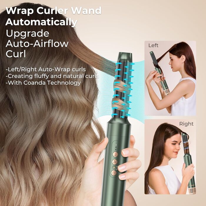 Airstyler Pro 7-в-1: Фен-щітка, плойка, випрямляч, стайлер для волосся Atopskins, 11000 обертів, з насадкою-дифузором, для створення об'єму, локонів та випрямлення, зелено-золотий