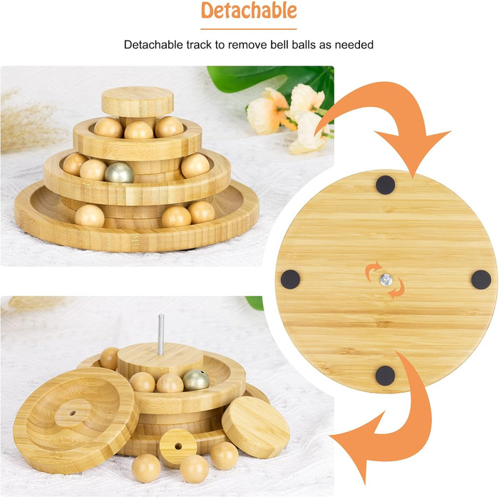 Cat Toy Self-Entertainment, Interactive Bamboo Cat Toy THREE Tiers Rotating Smart Track Ball Swing Roller with Bells