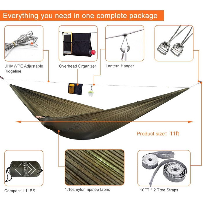 onewind Long Ultra-Light Camping Hammock for Backpackers, Portable, Compact, Ideal for Hiking, Camping, Travel (Od Green - with Ultra-Light Tree Straps, 335cm * 140cm)