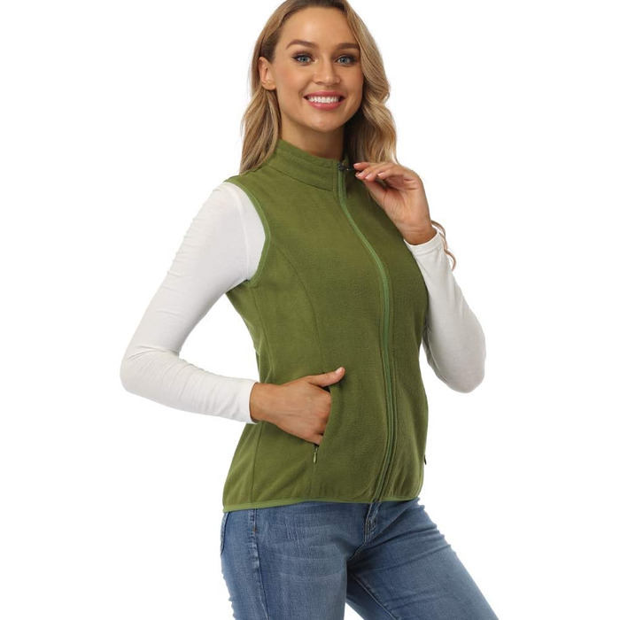 Жіноча флісова жилетка Fuinloth, легка, без рукавів, зі стійким коміром та кишенями на блискавці, XL, армійний зелений