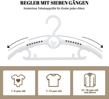 24 дитячі вішалки для одягу: економія місця, регульовані, 27.5-37 см, з гачками для штабелювання, неслизькі, для малюків та школярів, білі (24 шт.)