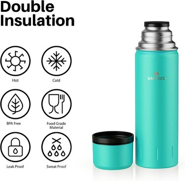 Термос-термокана Santeco з нержавіючої сталі, 1л, 500мл, з антивитіканням, ізольована пляшка з кришкою-чашкою для подорожей, термос для кави та чаю для дітей, спорту, без BPA, 24 години холод & 12 годин гарячий (зелений джунглів, 1000 мл)