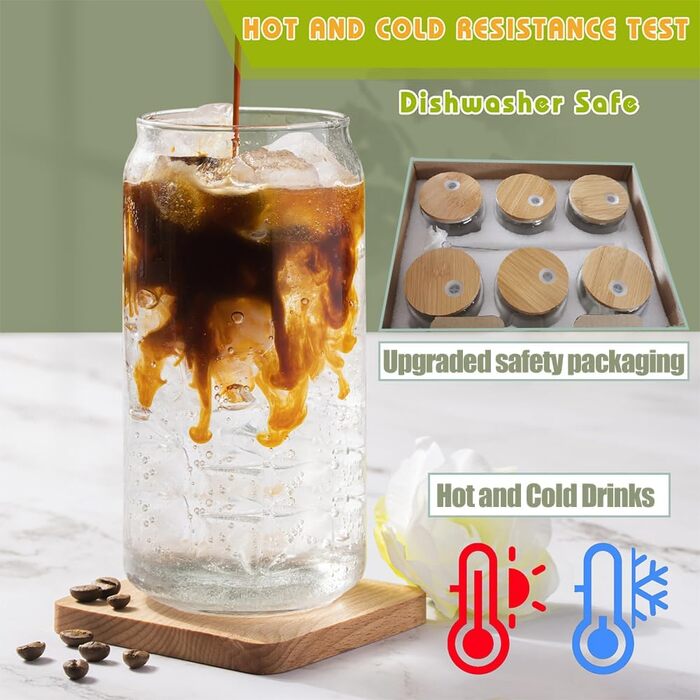 ZgoEC 16oz Cocktail Glasses Set, Drinking Glasses with Lid and Straw, 6pcs Can-Shaped Highball Glasses Set, Glasses with Lid and Straw, Coffee Cups Glass Cups with Straw, Gift