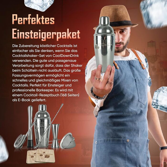 Набір для коктейлів CoolDownDrink 8 предметів: шейкер з нержавіючої сталі, аксесуари та електронна книга рецептів (168 стор.)