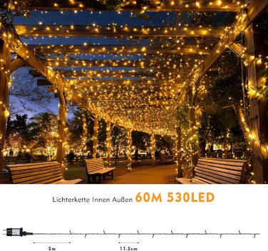 Ланцюжок прикрас для зовнішнього використання 60м, 530 LED, тепле біле світло. Ланцюжок для зовнішнього використання з таймером, 8 режимів, IP44, вологостійкий. Підходить для прикраси ялинки, саду, балкону, вечірки, весілля.