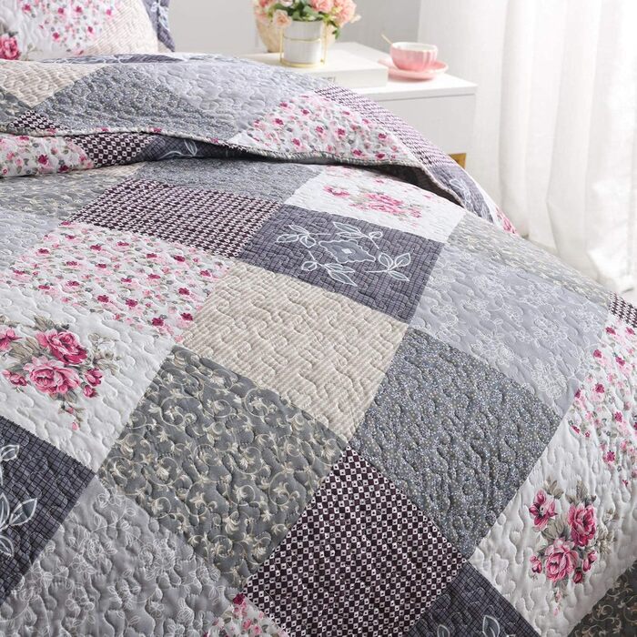 Tagesdecke Qucover для двоспального ліжка 220x240 см, стеганий комплект з подушками, квітковий принт, фіолетовий колір