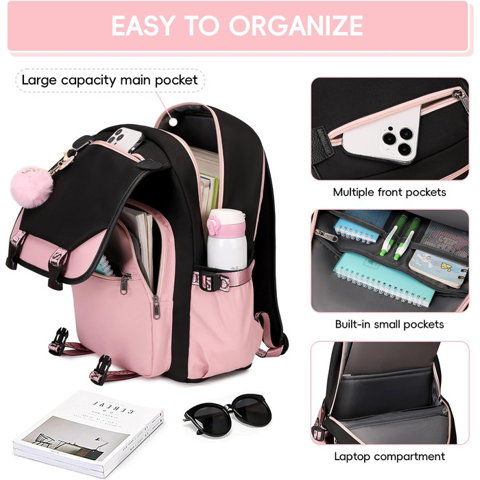 Рюкзак для дівчинки-підлітка, 3-5 клас, модний шкільний рюкзак з брелоком та ручкою-телескопом, рожевий
