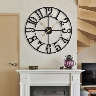 Maxstar Modern Roman Numeral Large Wall Clocks, Non-Ticking Round Metal Silent Vintage Wall Clock for Living Room, Kitchen, Bedroom, Garden Decor - Gold (Black Arabic, 40CM)