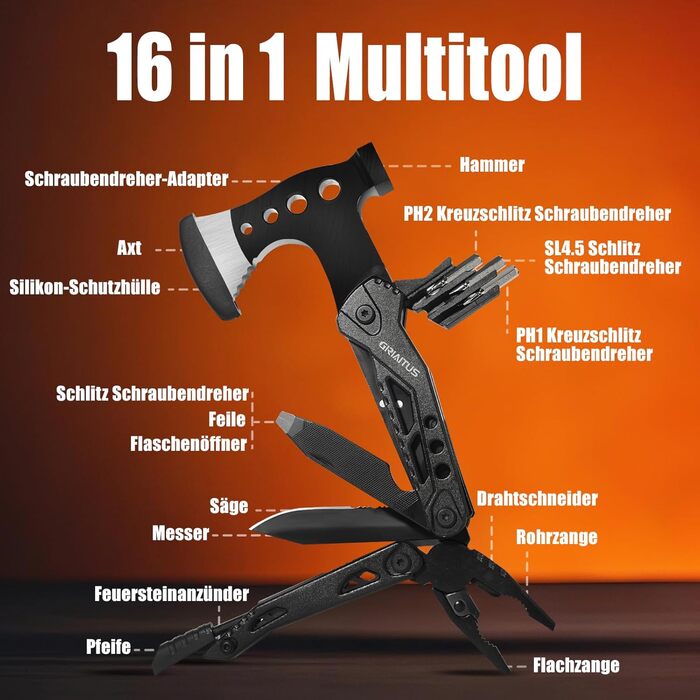 Мультитул 16в1 для чоловіків: набір для кемпінгу, виживання, подарунок на День батька. З сокирою, молотком, плоскогубцями, пилкою, викрутками, відкривачкою для пляшок та ін. Чорний колір