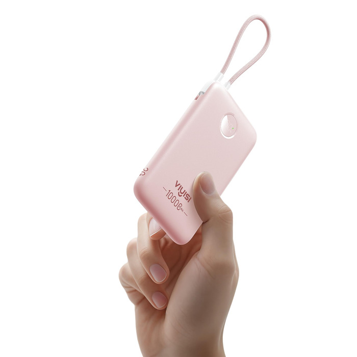 Повербанк VIYISI 10000mAh ультратонкий із вбудованим кабелем USB-C, рожевий