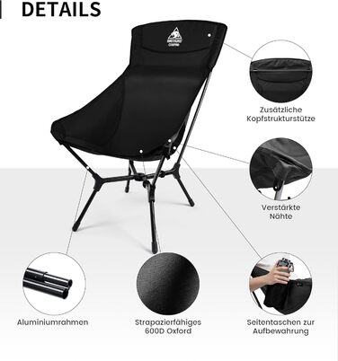 Кемпінговий стілець OneTigris OASISFLEX складний високий, вантажопідйомність 150 кг, чорний. Стілець для риболовлі, походу, відпочинку на природі з бічними кишенями