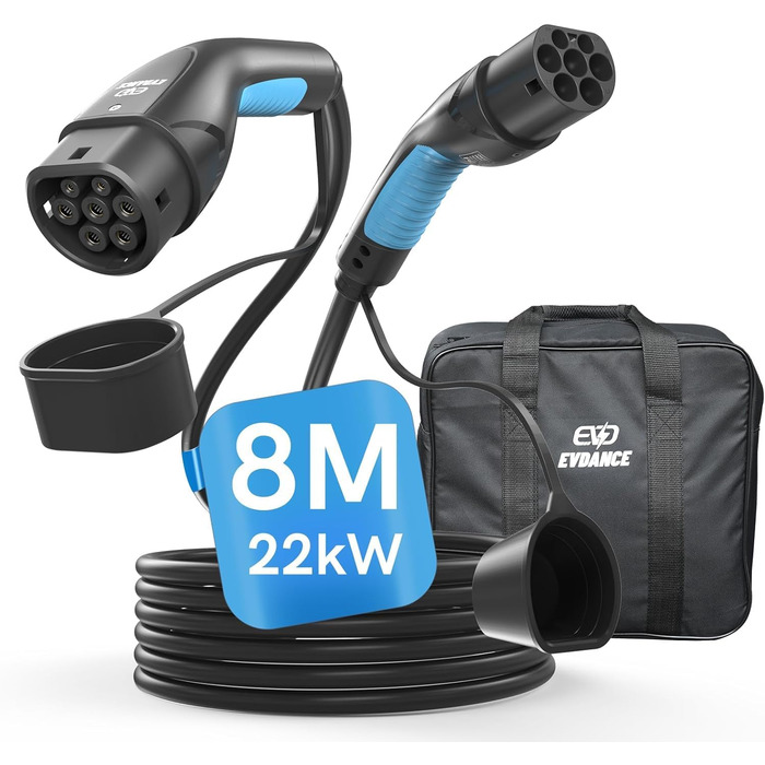 Кабель для зарядки електромобілів Тип 2, 16A, 3 фази, 11 кВт з сумкою, 8м. Сумісний з усіма електромобілями (22 кВт, 32A)