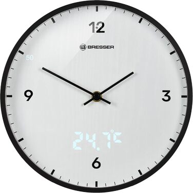 Bresser MyTime Wall Clock with Radio Control, No Ticking Sound, 24 cm Dial, LED Second Display, Indoor Temperature, and Silent Radio Movement, (White)