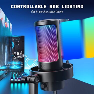 FIFINE USB мікрофон для ПК, геймінгу, стрімінгу та запису, з RGB підсвічуванням, PS4/PS5, MAC, з поп-фільтром, чорний