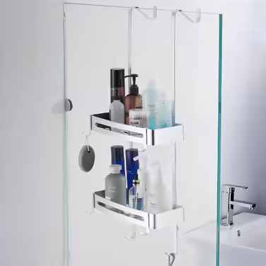 MOGFCT Shower Shelf for Hanging, Bathroom Shower Storage, Over-the-Door Hanging Shower Shelf, Stainless Aluminum Shower Shelf, Bathroom Shelf with Hooks (Double Silver)