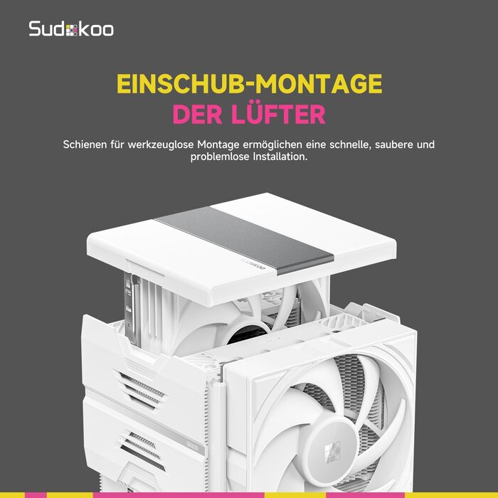 Кулер для процесора Sudokoo SK620 White (AM5): двосекційний повітряний охолоджувач з цифровим дисплеєм, 6 теплотрубками та 2 вентиляторами PWM FDB 120мм, білий