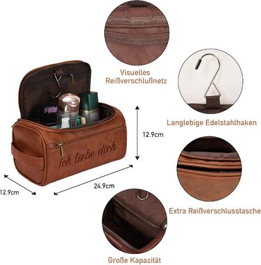 Чоловіча дорожня косметичка Easycosy з лазерним гравіюванням імені, з натуральної шкіри, набір 2в1 (косметичка + гачок для підвішування), ідеальний подарунок для чоловіків, тата, дідуся, колеги, червоно-коричневого кольору