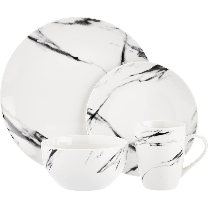 Набір посуду American Atelier Marble Coupe 16 предметів - Білий фарфоровий сервіз для вечері, обідні та десертні тарілки, чашки та піали. Ідеальний подарунок!