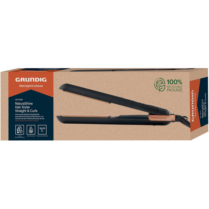 Випрямляч для волосся GRUNDIG Naturashine HS 7030: 6 температурних режимів, іонізація, повна кераміка, захист волосся, чорний/рожеве золото