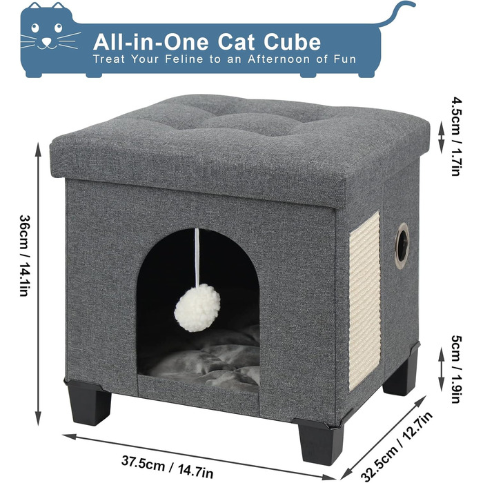 BRIAN & DANY Foldable Cat Cave - Large Cats, Cat House Cave for Cats with Scratch Board and Play Ball, Storage Bench Seat Stool Footstool with Wooden Feet, 37.5 x 32.5 x 36 cm, Grey