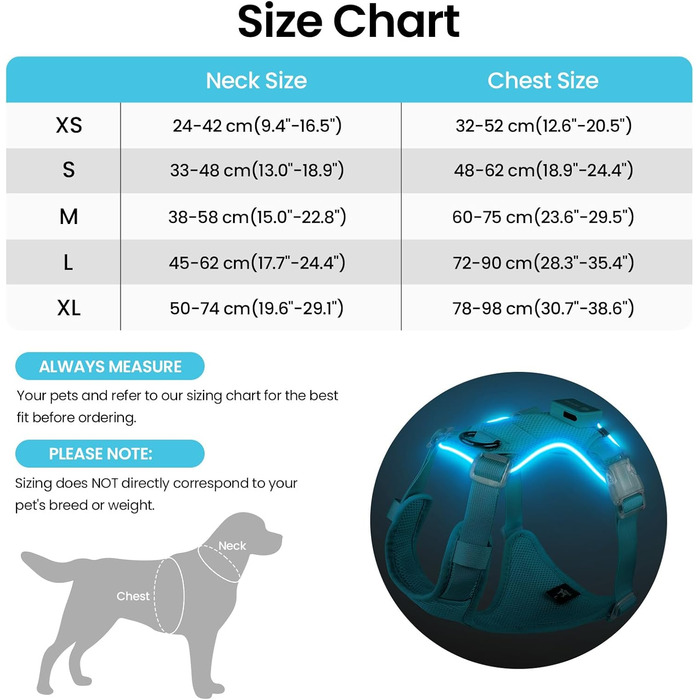 Світлодіодне шлейка для собак з підсвічуванням LED, перезаряджувана - шлейка з LED для собак маленьких, середніх та великих порід, світловідбиваюча, регульована, XL (Блакитний, Large)
