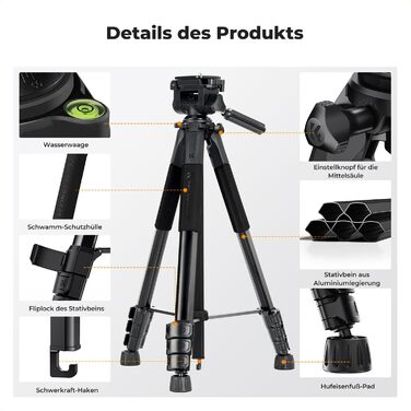Штатив K&F Concept S255A3+BV01: Легкий штатив з сумкою, для камери/DSLR/відеокамери, з підтримкою смартфонів та планшетів (172 см)
