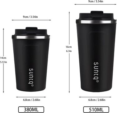 Термокружка для кави з нержавіючої сталі SUNTQ - 510 мл, з подвійними стінками, ізольована, з кришкою, що не протікає, багаторазова (Чорний)
