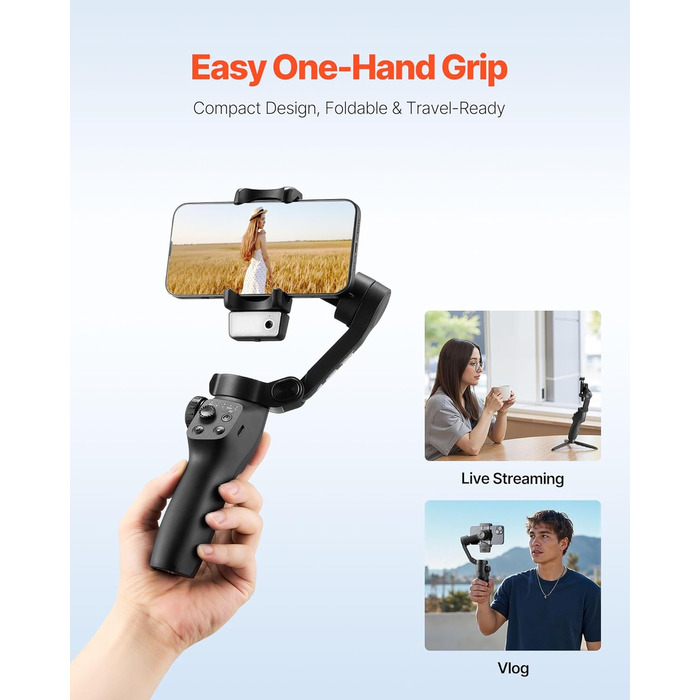 Стабілізатор для смартфона VEVOR з 3-осьовою стабілізацією, трекінг облич/об'єктів, штатив, портативний та складаний, для відеозйомки, DC 3.5–4.2V (без підсвічування, AI-трекінг)