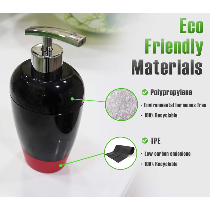 Набір аксесуарів для ванної кімнати HOUSIO, 6 предметів, чорно-червоний (тримач для зубних щіток, миска для мила, дозатор для лосьйону, стакан, WC-щітка, сміттєве відро)