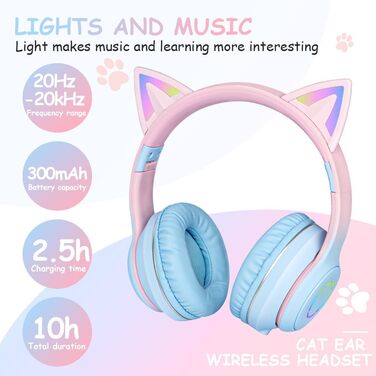 Дитячі навушники AXFEE з Bluetooth, Over-Ear з LED-підсвіткою, котячі вушка, рожево-блакитні, з мікрофоном та підтримкою Micro SD/TF для телефону/планшета/ПК