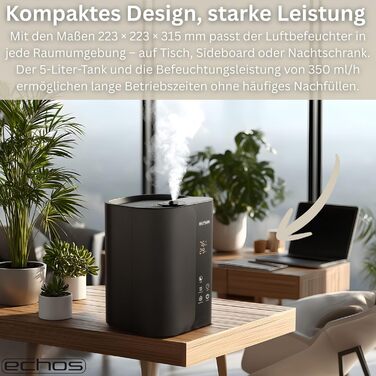 Зволожувач повітря Steinborg® 5 літрів, ультразвуковий, з пульт дистанційного керування, очищувач повітря, гігрометр, LED-дисплей, тихий, потужний, 350 мл/год, відсік для арома-масел, таймер, автовимкнення