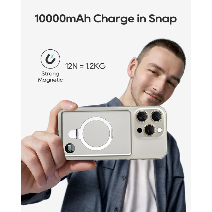 Powerbank MagSafe 10000mAh з PD 20W, бездротова зарядка, USB-C, LED-дисплей, для iPhone 17/16/15/14/13/12, серія Pro/Pro Max, Titanium Grey