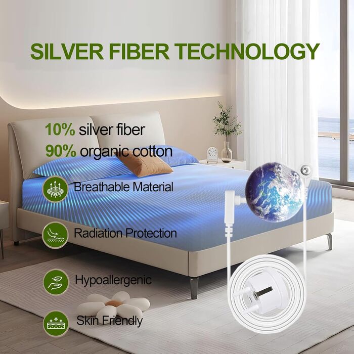RIQINXIN Grounding Bed Sheet 200x200cm Grounding Mat with EU Grounding Cable Conductive Silver Fiber Grounding Bed Sheet for Better Sleep 10% Silver Fiber Content and 90% Cotton