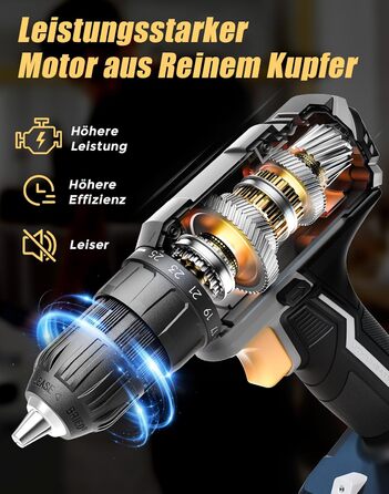 Акумуляторний шуруповерт/дрель 20V, 56 шт. в наборі, 42Nm, LED-підсвітка, сірий колір, для ремонту та DIY-проєктів