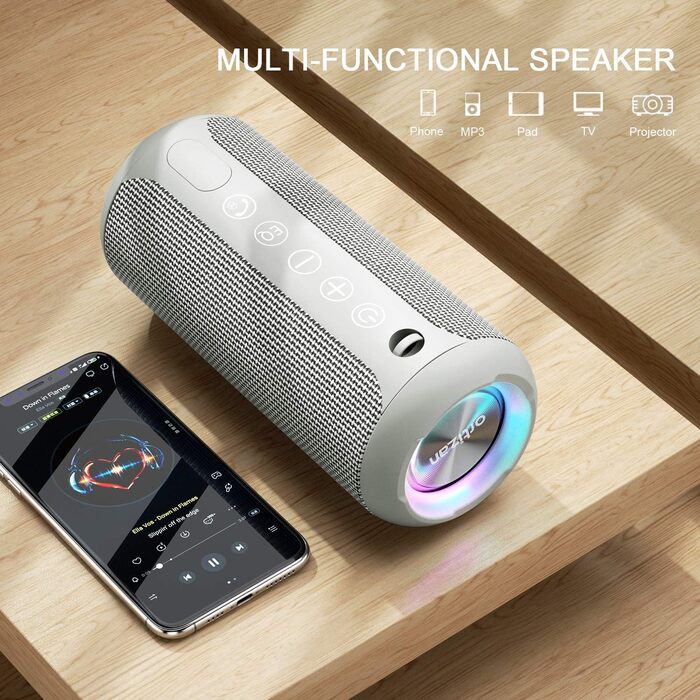 Портативна Bluetooth колонка Ortizan з RGB підсвіткою, IPX7, 30 годин роботи, Bass Boost, TWS, AUX, TF картка, мікрофон (Сірий)