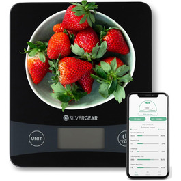 Кухонні ваги Silvergear® Digital з підключенням до App до 5 кг | Електронні кухонні ваги з функцією тарування | Цифрові ваги з підрахунком калорій | Точне вимірювання до 0,1 г | Підсвічений LCD-дисплей | Чорний