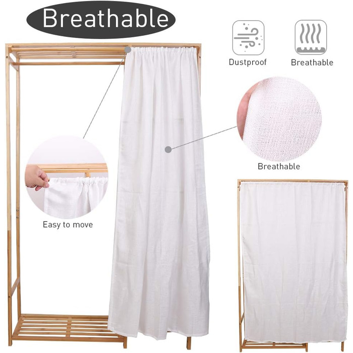 Bamboo Clothes Rack, Coat Stand with Shelves, Laundry Rack with Curtain and Clothes Rail, 90x30x146.6cm