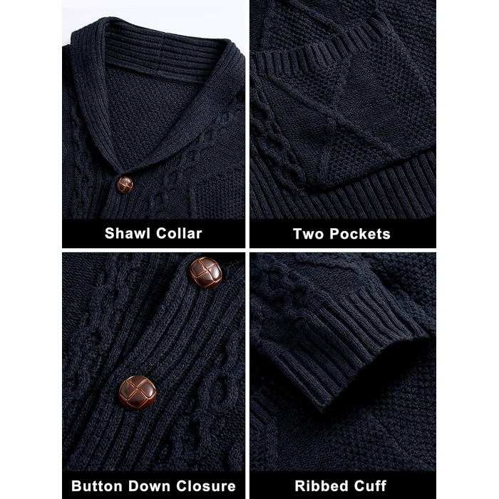 Чоловіча в'язана жилетка Comdecevis з коміром-шарфом, рельєфним в'язанням, ґудзиками, довгими рукавами, повсякденна, з кишенями, розмір L, темно-синій