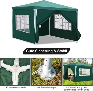 Waterproof Garden Pavilion, Gazebo, Stable and Winter-Proof with 4 Side Panels and Windows, Garden Party Tent with UV Protection 50+ for Parties, Market Stalls, Flea Markets, and Camping, Green, 3x3m