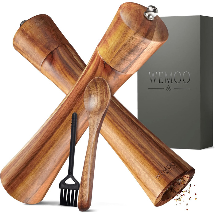 Wooden Salt and Pepper Grinder Set, Very Large (25.5 cm) | Spice Grinders with Durable Ceramic Grinder | Extra Filling Spoon and Cleaning Brush | Set with Pepper and Salt Mills