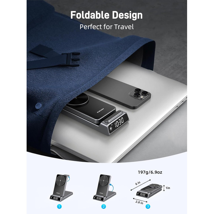 Зарядна станція 3-в-1 бездротова для iPhone, Apple Watch, AirPods, з годинником, для подорожей