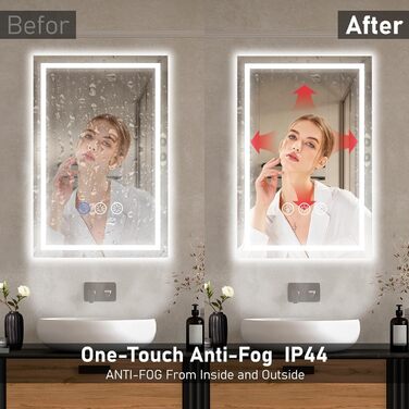 Дзеркало для ванної кімнати 40x60 см з LED-підсвічуванням, антизапар, регулювання яскравості, 3 кольори світла