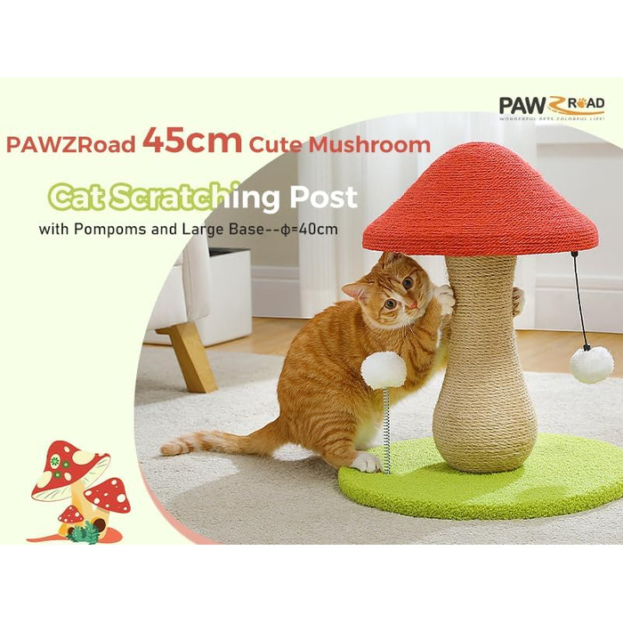 PAWZ Road Котячий когтетоп-гриб, когтетоп для котів з сизалю та помпонами, іграшки для котів, когтетоп-гриб для дому