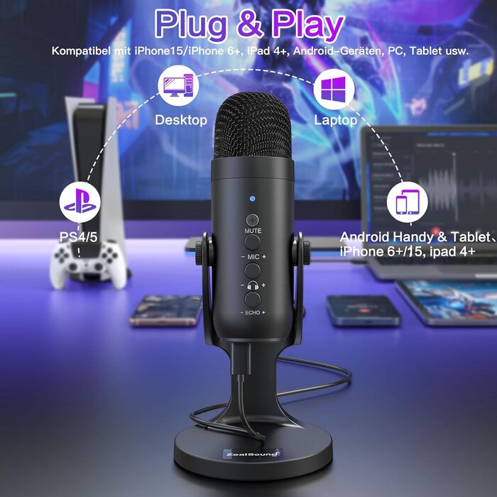 USB мікрофон Zealsound: конденсаторний мікрофон для ПК, телефону, PS4, PS5. Ідеально для геймінгу, подкастів, запису звуку, стрімінгу та ASMR. З регулюванням гучності та ефектом ехо. Сумісний з Mac, Windows. Чорний колір.