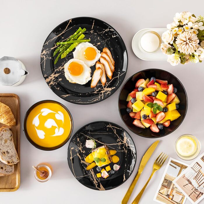 Набір посуду Lovelcasa Sweet Daphne 32-елементний, порцеляновий сервіз з золотим декором для 8 осіб (чорний)