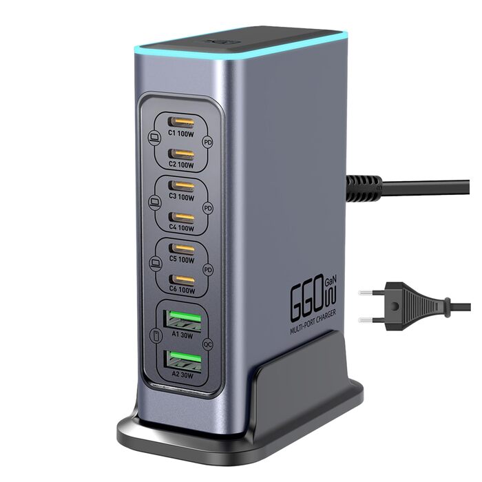 Зарядний пристрій USB 240W, 6 портів: 4xUSB + 2xUSB-A для MacBook, iPad, iPhone, Samsung (швидка зарядка)
