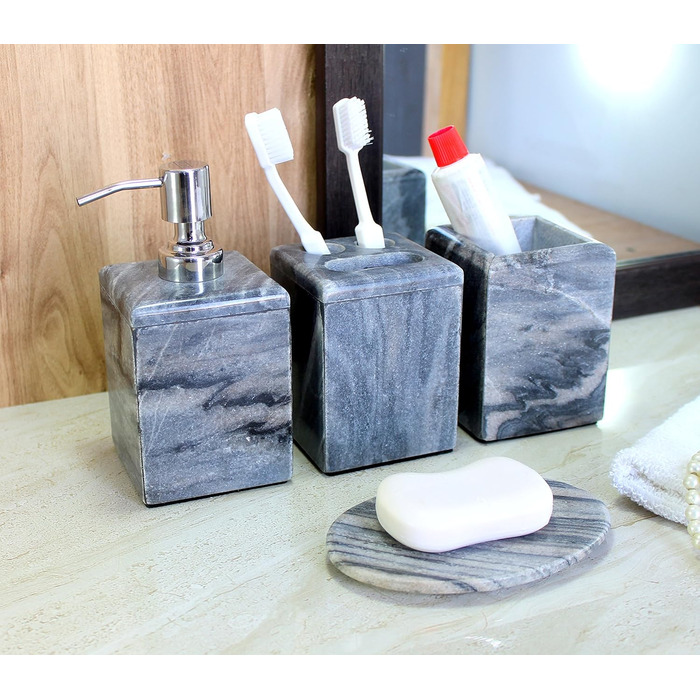 KLEO Luxury 4-Piece Bathroom Accessory Set | Includes Liquid Soap or Lotion Dispenser with Stainless Steel Pump, Toothbrush Holder, Cup, and Soap Dish - Bath Set/Bathroom Accessories